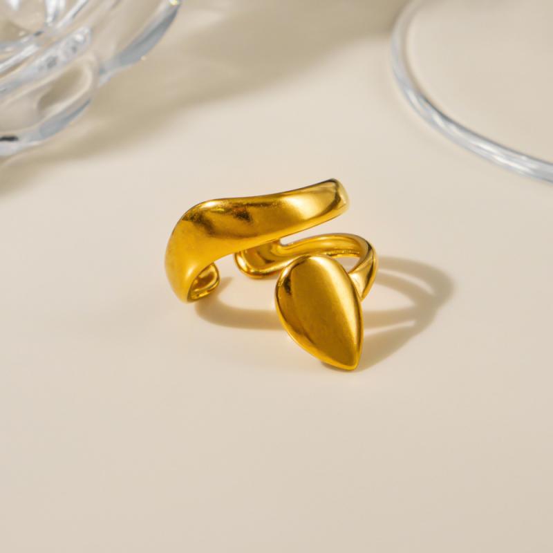 Stainless Steel Double Layer Waterdrop Open Rings for Women Unique Bending Gold Silver Color Waterproof Rings Party Jewelry Gift