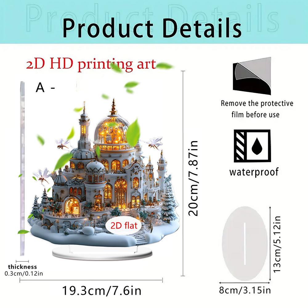 2D Christmas Table Decorations Colorful Christmas Desk Decor Acrylic Castle Pattern Ornament with Stand for Fireplace Restaurant
