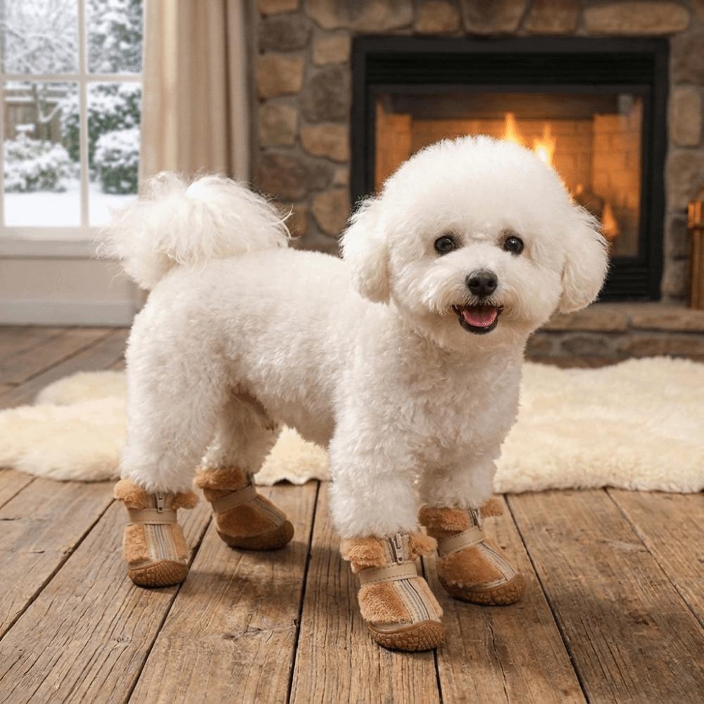 4 PCS/SET Thickened Winter Dog Snow Boots Plush Lined Anti-Slip Dog Shoes Dog Cotton Shoes Walking