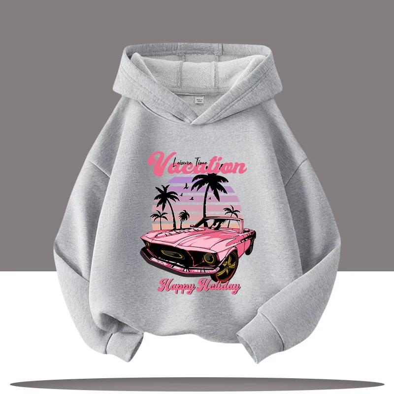 New Hip-hop Style Retro Car Cartoon Printed Children's Hooded Sweatshirt, Autumn and Winter Casual Top, Comfortable Clothing