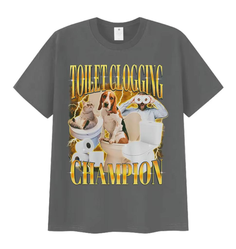 Toilettenverstopfungs-Champion Lustige Meme-Grafiken T-Shirt Niedlicher Haustier-Humor Geschenk Kurzarm-T-Shirts Mode Hochwertige Baumwoll-Tees