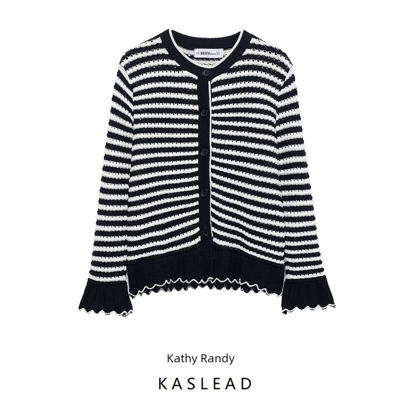 Kaslead New Women clothes Western Style Laminated Decoration Stripe round Neck Knitted Outerwear 4331020 104