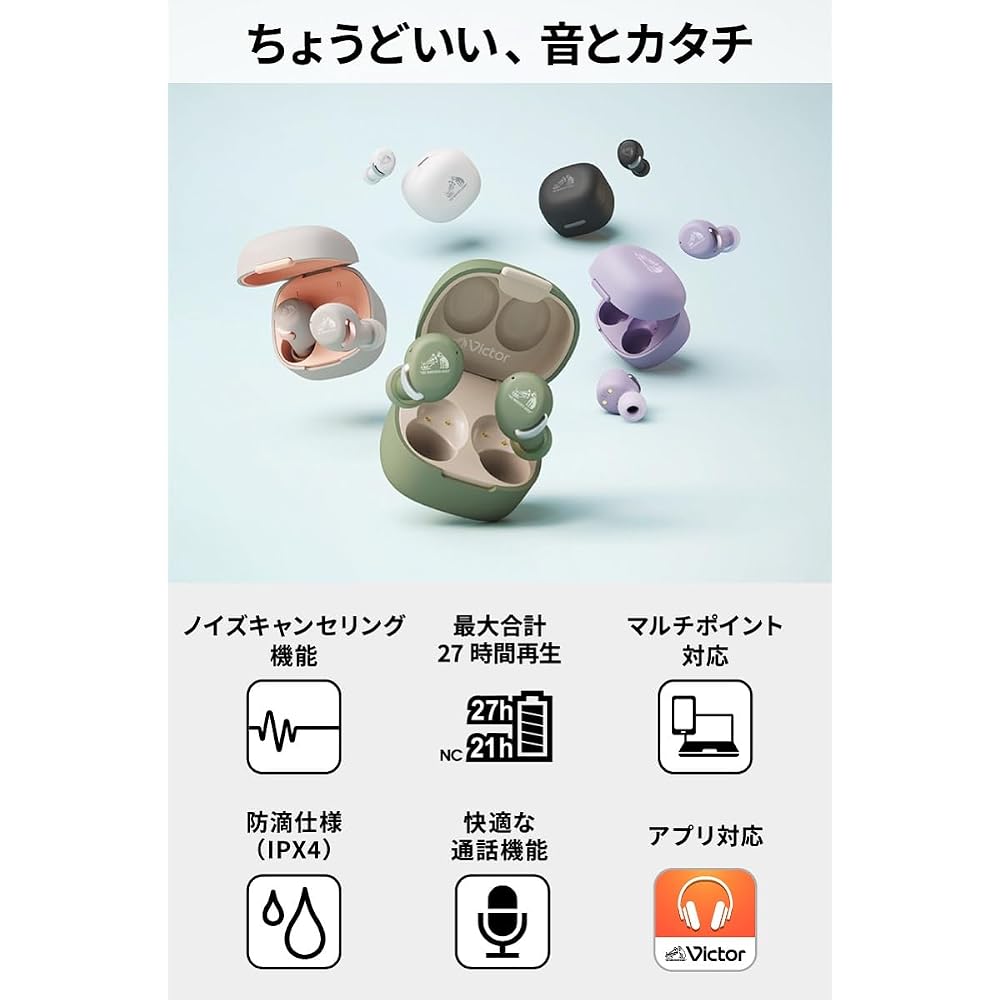 JVC Kenwood Victor HA-A30T2-B Wireless Earphones, Bluetooth Ver. 5.3, Noise Cancelling, App Compatible, Multipoint, 27 Hours Total Playback Time, Buil