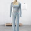 Women's Striped 2 Piece Outfits Long Sleeve Square Neck Cropped Top Drawstring Wide Leg Pants Set Casual Lounge Sweatsuits
