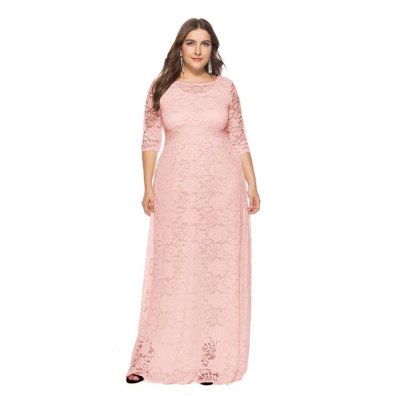 Trendig Plus Size Spetsad Kvällsklänning med Fickor och Urskurna Korta Ärmar