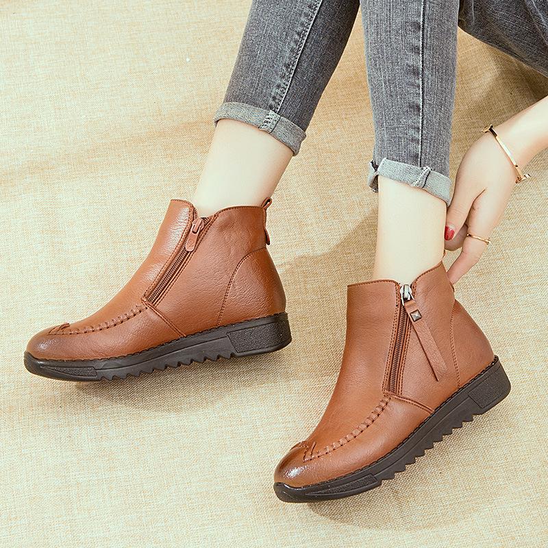 Modne zimowe botki ze skóry naturalnej Ręcznie robione Damskie buty na platformie Wygodne codzienne mokasyny Botki z zamkiem z boku Damskie buty