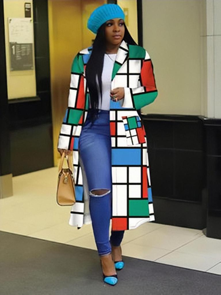 Plus Size Plaid Double-Breasted Lapel Trench Coat for Women - Autumn/Winter Collection