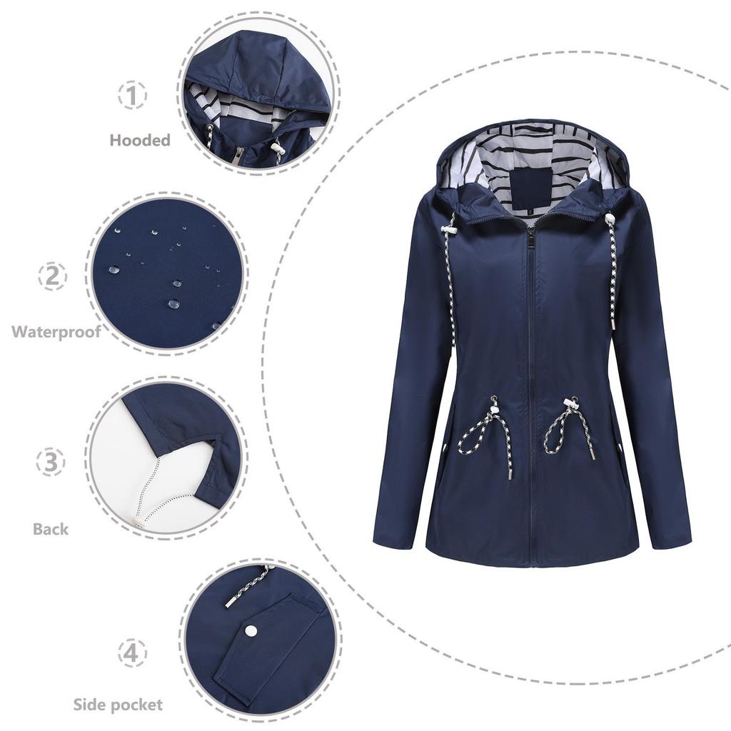 Long-sleeved Splash-proof Long Windbreaker for Women with Hood and Stripes Plus Size