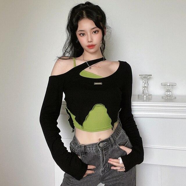 Y2k Vintage T-shirt Grunge Tie Dye Crop Tops 2-piece Women Casual Camis T-shirt Streetwear Long Sleeve Lace Up Tee Top