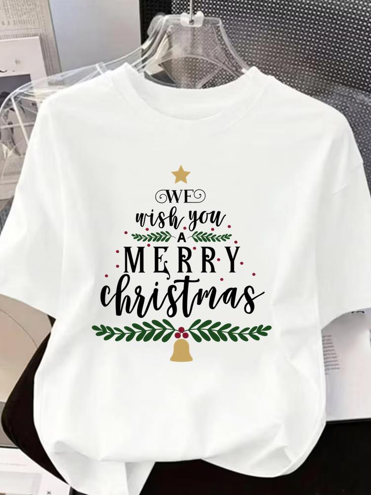 (Asian Size) Letter Tree 90s Short Sleeve T-shirts Women's Top O-neck T Shirt Print Merry Christmas Fashion Casual New Year Clothing Graphic Tee