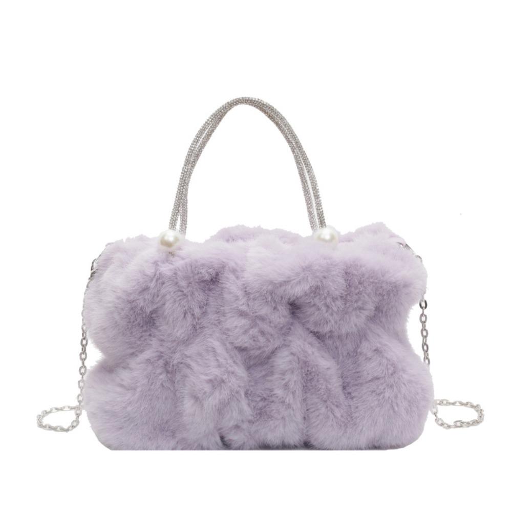 Korean Style Women Plush Shoulder Bag Solid Color Faux Fur Crossbody Bag Travel