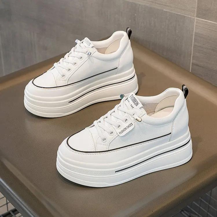 Womens Casual Sneakers Inserted Height Platform Shoes Lace-up Ladies Vulcanized Shoes Leather Breathable Women Shoes Comfortable