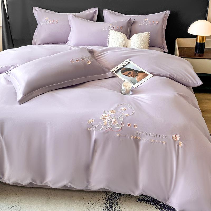 Set de pat din bumbac 100%, set din patru piese, prietenos cu pielea, respirabil, husă de pilotă brodată, față de pernă, cearșaf de pat