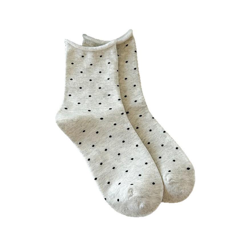 Women's Retro Polka Dot Cotton Rolled Hem Mid-Calf Slouchy Socks - Breathable & Soft