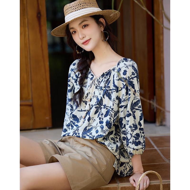 Demana Floral Print Tie-Neck 3/4 Sleeve Cotton Blouse