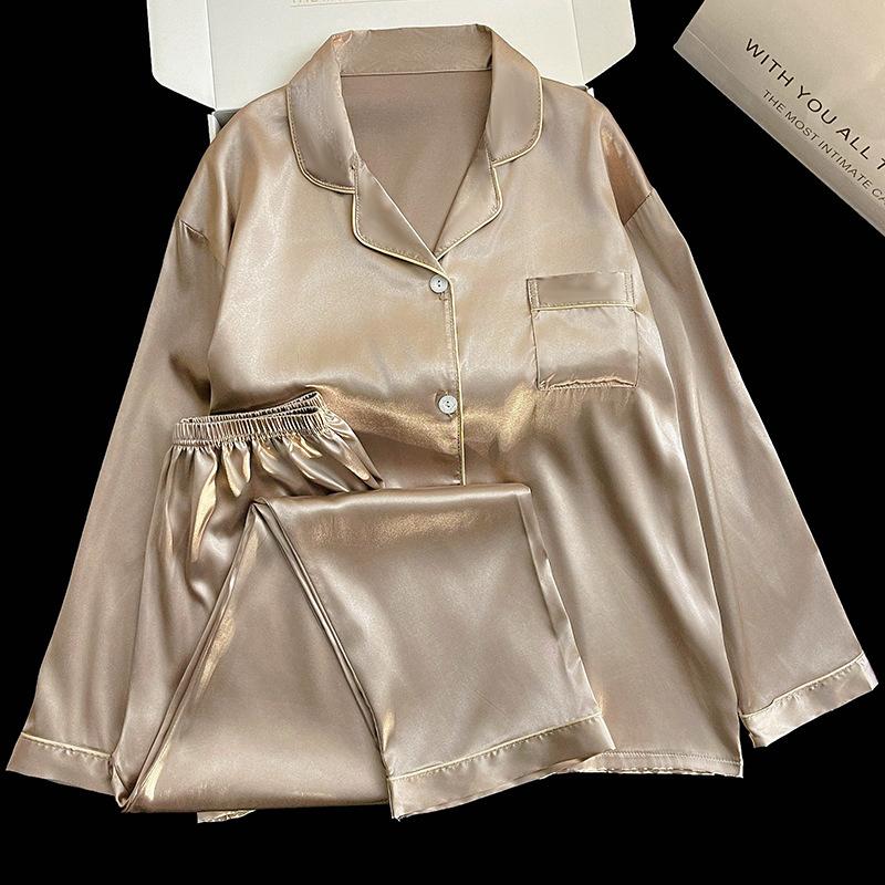 Set de pijamale din mătase de gheață pentru femei de primăvară Set de pijamale de lux de nișă, ușoare, de lux, de înaltă calitate, pentru femei, cu mânecă lungă