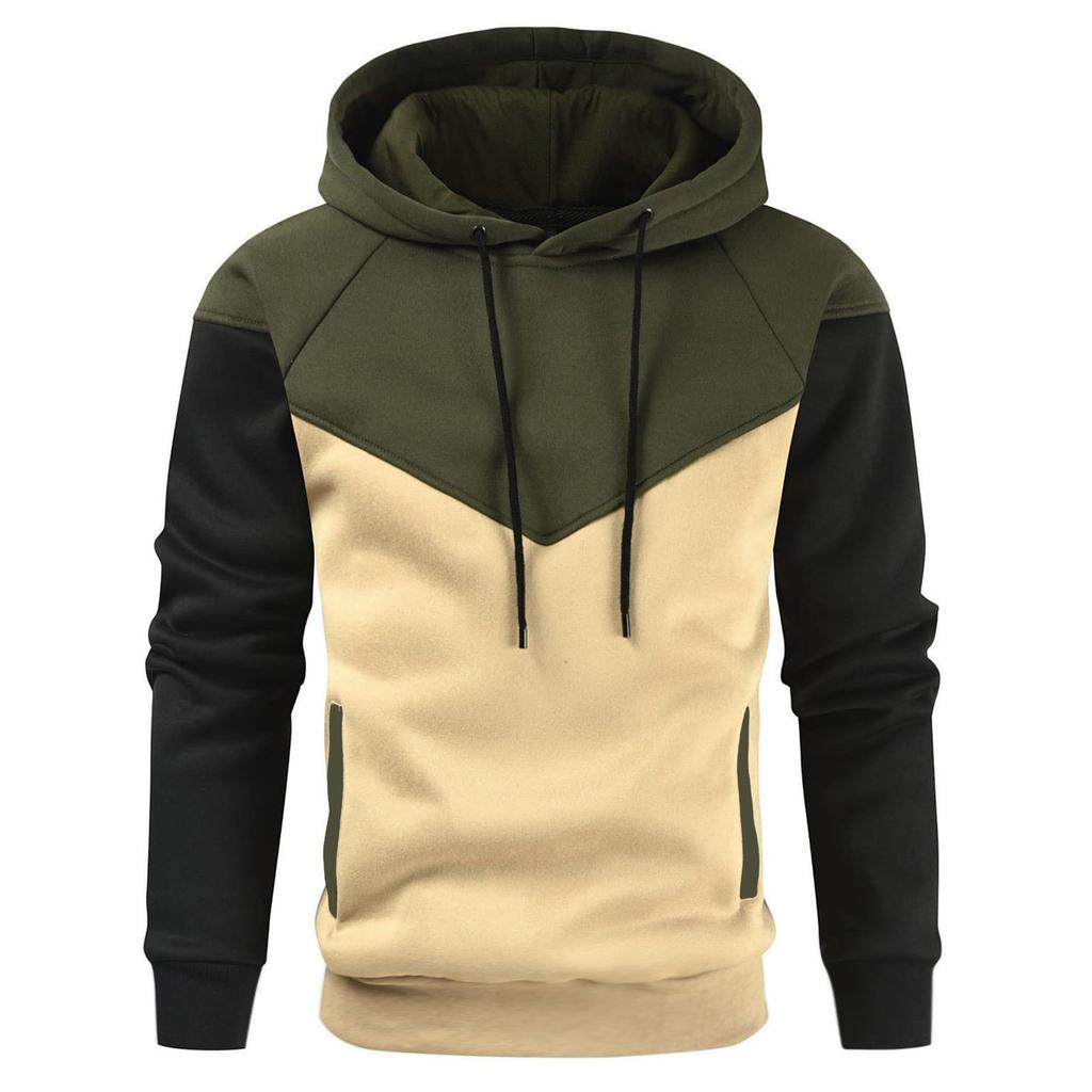 Winter Men's Fleece-Lined Hooded Sweatshirt Fashionable Patchwork Hooded Sweatshirt Casual Sports Sweatshirt Pullover Sweatshirt