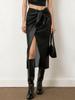Elegant High-Waisted PU Leather Glossy Slit Skirt with Bow for Women
