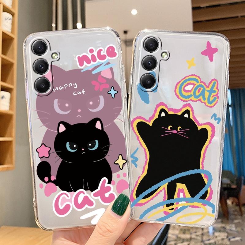 Cute Cat Cartoon Soft Transparent Silicon Case For Samsung A55 A35 M35 M34 S24 Xiaomi Redmi Note 13 Pro 13C Poco M6 Camera Shockproof Protective Cover