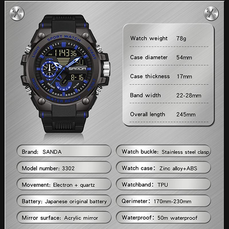 SANDA Luxury LED Dual Display Digital Quartz Watch for Men Shockproof Waterproof Sports Wristwatches Student Watch