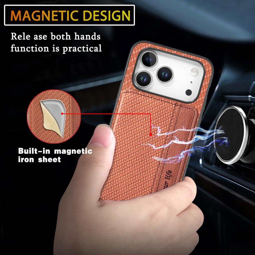For iPhone 17 Pro Case RFID Blocking Carbon Fiber Leather Phone Back Cover with Card Holder