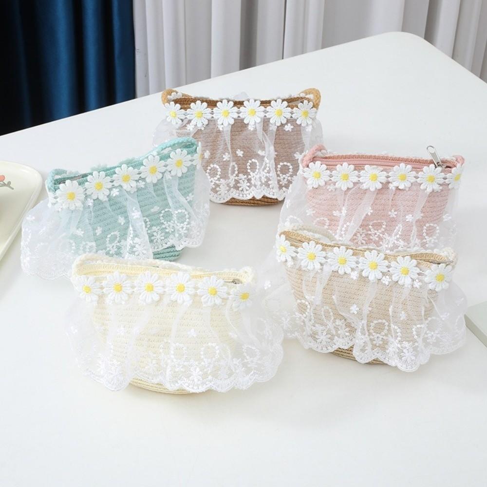 Wide Brim Straw Bag Cap Set Lace Sun Hat Sweet Fisherman Hat for 2-8 Years Kids