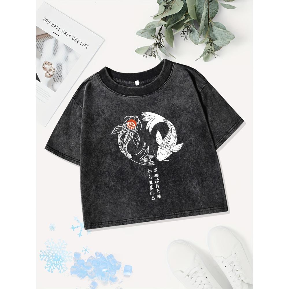 Casual Cotton Crop Tops Womens Japanese Koi Prints Washed T-Shirts Street O-Neck Regular Fit Streetwear Sexy Clothes