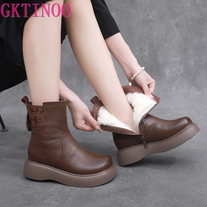 Fashion GKTINOO 2024 Women Snow Boots 100% Genuine Leather Natural Wool Fur Platform Mid Calf Boots For Women Winter Warm Shoes