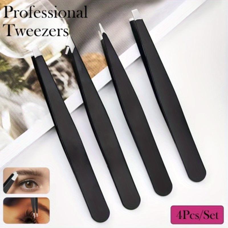 4pcs Stainless Steel Eyebrow Tweezers Set, Hypoallergenic Multi-Functional Beauty Makeup Tools Kit with Flat, Slant, and Pointed Tips for Face Use
