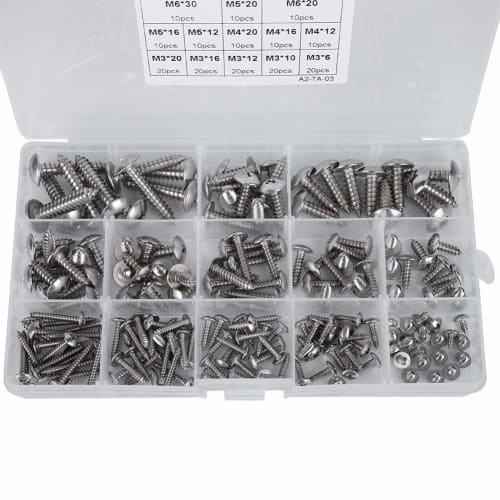 180-Piece Self-Tapping Screw Kit, M3 M4 M5 M6 High Hardness Stainless Steel Flat Head Self-Tapping Screws, Multi-Purpose Set