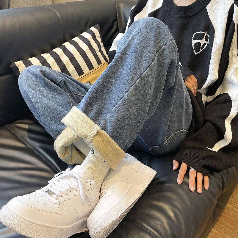 Plus Velvet Pánské zimní Y2K tlusté džíny džínové kalhoty se stahovací šňůrkou Vintage džíny pro muže streetwear Harajuku korejské zimní oblečení