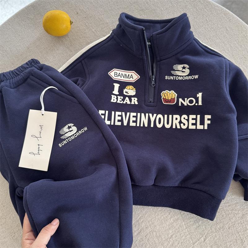 

Зимний комплект для мальчика из двух предметов: Куртка с принтом и воротником-стойкой для малышей 80 cm темно-синий