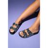Crystal Embellishment Genuine Leather Double Belt Women's Slippers