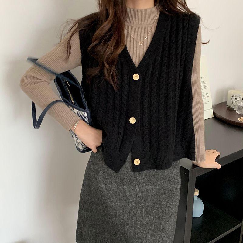 Korean Retro Cable Knit Vest Women V Neck Sweet Pastel Sleeveless Sweater Waistcoat Wholesale