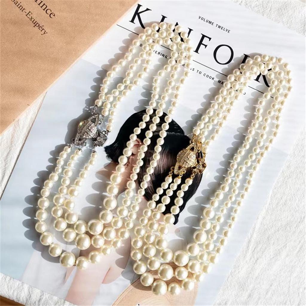 Tooxika Triple Gradient Pearl Magnetic Clasp Saturn Necklace Luxury Collar Chain For Women