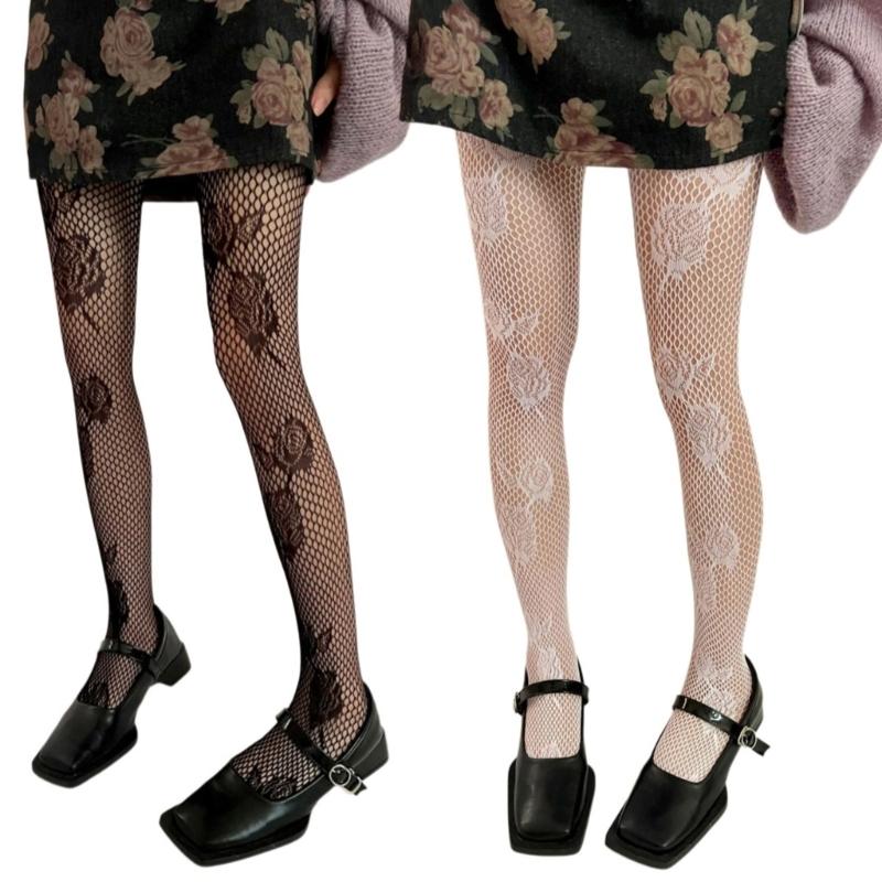Women Aesthetic Flower Mesh Pantyhose Hosiery Vintage Peony Patterned Hollowed Out Fishnet Tights Stockings for Parties