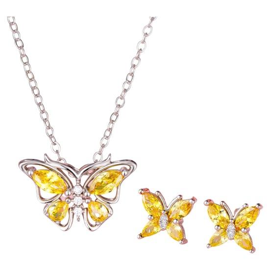 

2 шт./компл., комплект ожерелья и серег, блестящие стразы, подвеска в форме бабочки, ожерелье, серьги-гвоздики, комплект ювелирных изделий, подарок жёлтый