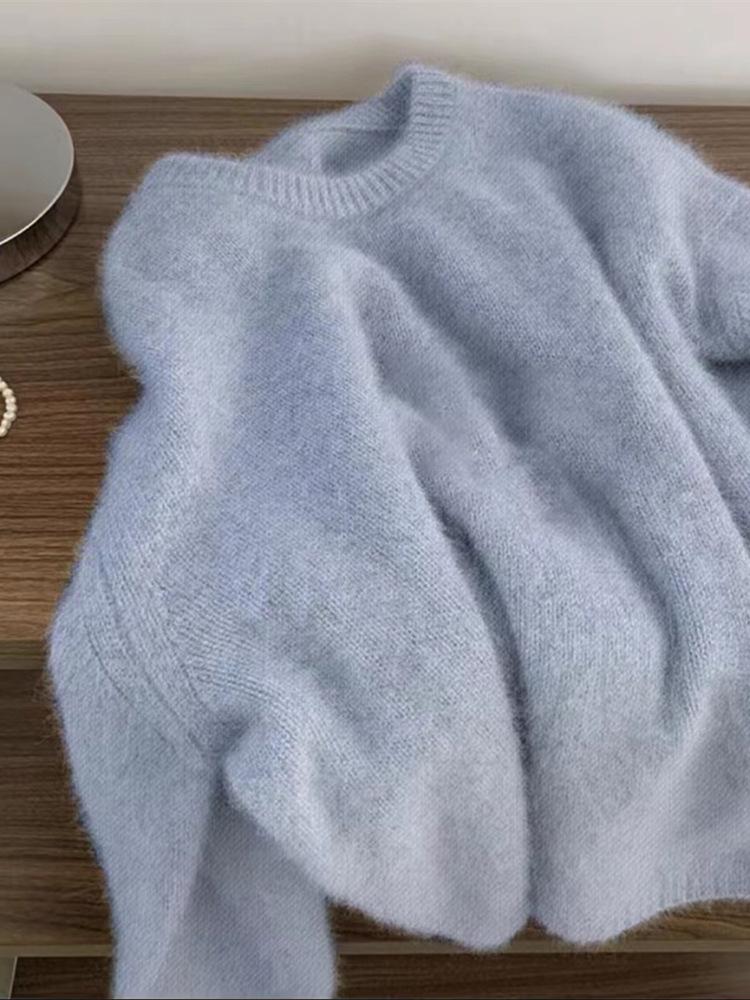 Damski zimowy sweter polarowy w leniwym stylu - miękki, przytulny, z okrągłym dekoltem i mleczną warstwą wewnętrzną Fufu