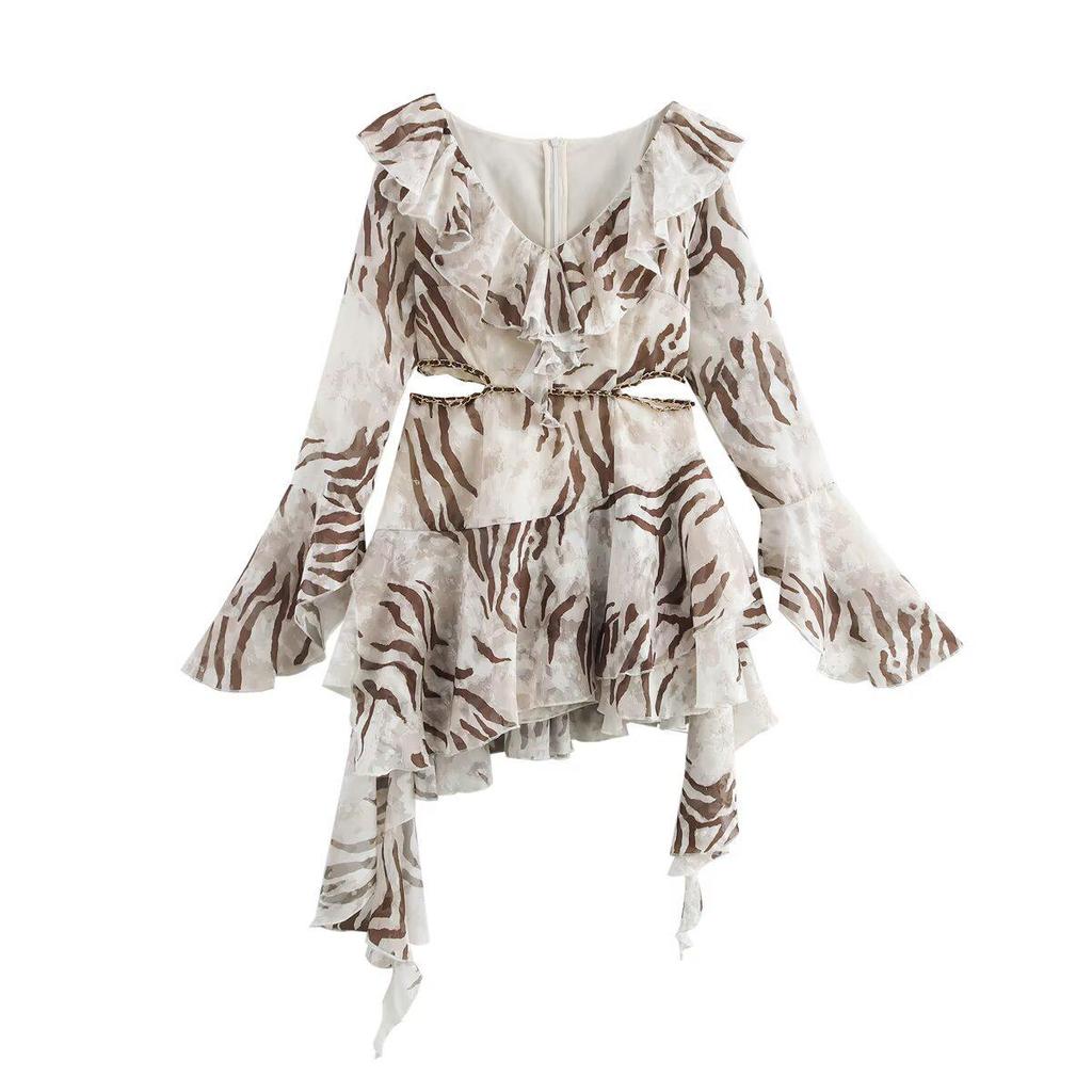 2025 Spring Women's European & American Casual Leopard Print Ruffle Dress