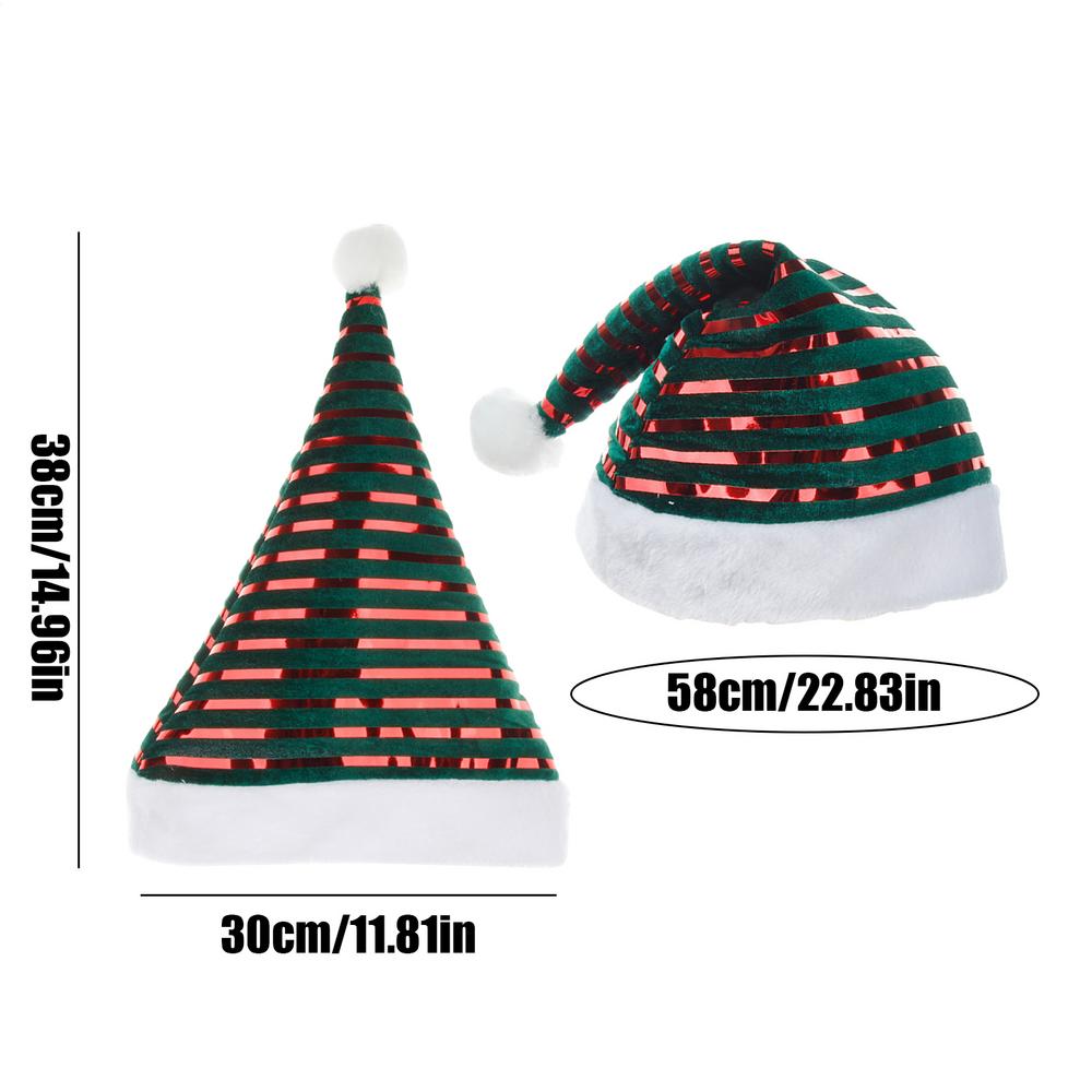 Striped Velvet Christmas Hat Unisex Classic Headwear Red And Green Striped Velvet Santa Hats With White Faux Plush Edging 38x30cm