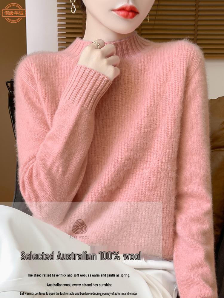 Women's Pure Wool Thickened Half-High Collar Sweater - Loose, Slimming Long Sleeve Warm Pullover