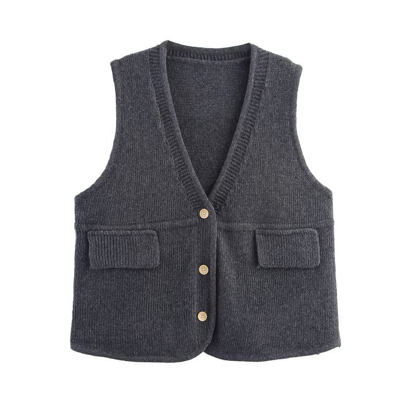 Zbzr Autumn New Women Clothes Western Style Fashion V-neck Knitted Wool Loose Cardigan Vest Vest Waistcoat