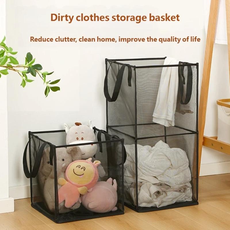 Durable Polyester Meshes Clothes Hamper Square Foldable Anti Tear Foldable Bin Laundry Hamper for Home Organization