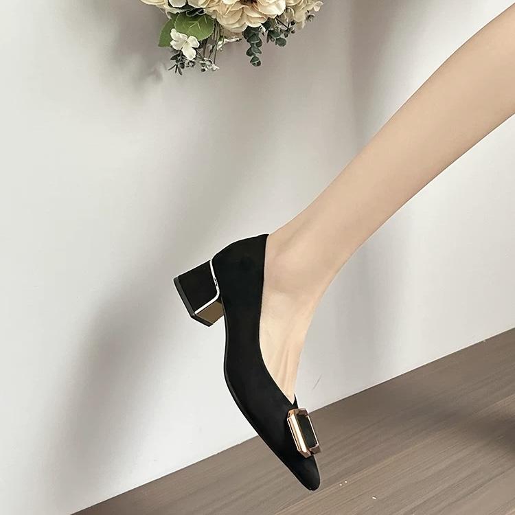 Fashion Pointed Toe Shoes for Women Work Career Office with Medium Heels Black Woman Footwear Metal Decoration Square E Korean Style