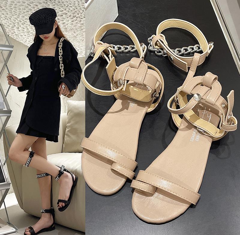 

Мода 2024 года, женские туфли на плоской подошве с обувью, гладиаторские сандалии, женская новая обувь, круглый носок, модные женские туфли на плоской подошве с металлической цепочкой, сандалии 39 абрикосовый