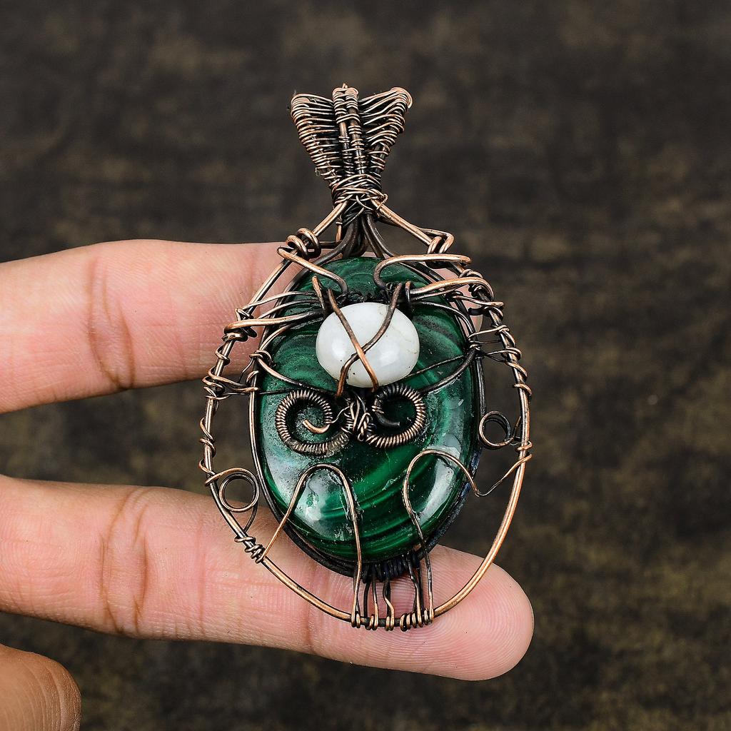 Natural Malachite, Moonstone Gemstone Copper Wire Wrap Pendant 3.07" Z1c49