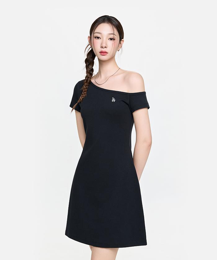 Emelbi Women'S Basic Off-Shoulder Shirred Ribbed Dress La (Black)