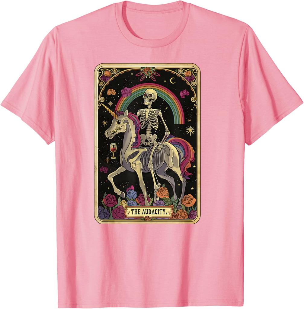 Skelett auf Einhorn reitend Tarot Die Kühnheit Grafik T-Shirt Lässiges Kurzarm Baumwoll-T-Shirt