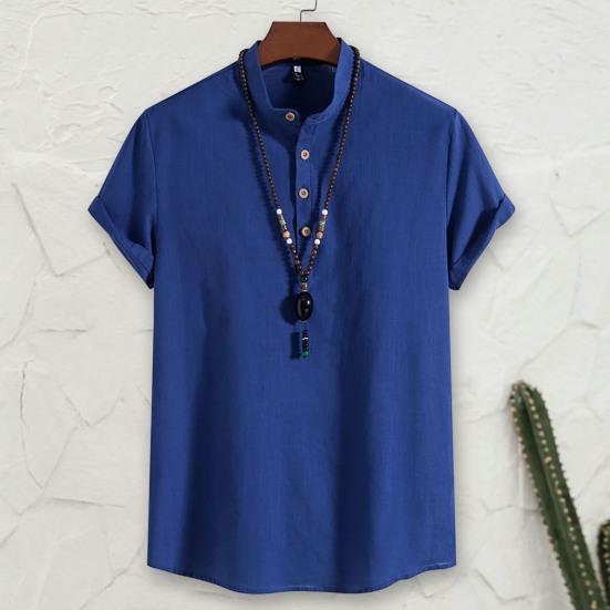 Muži Košile Stojánek Límec Knoflíky Výstřih Jednobarevné Krátké rukávy Pulovr Běžné nošení Bavlna Povlečení Pánské topy Letní móda Tričko Oblečení do práce