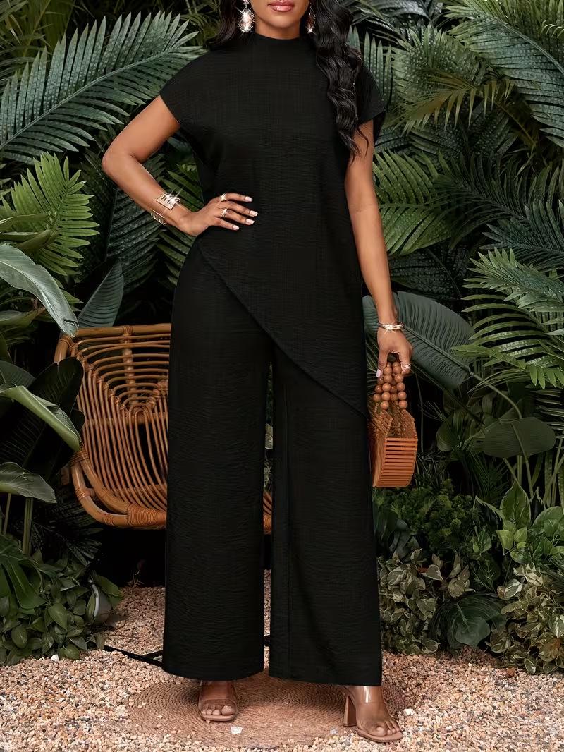 

Women s Casual Asymmetrical Hem Two-Piece Set: Solid Color Top and Pants L